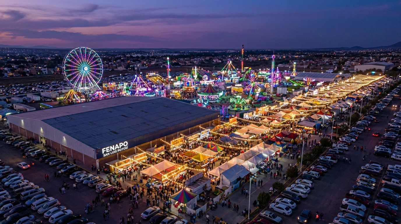 Vista aérea al atardecer del Recinto Ferial FENAPO con juegos mecánicos, luces y multitud