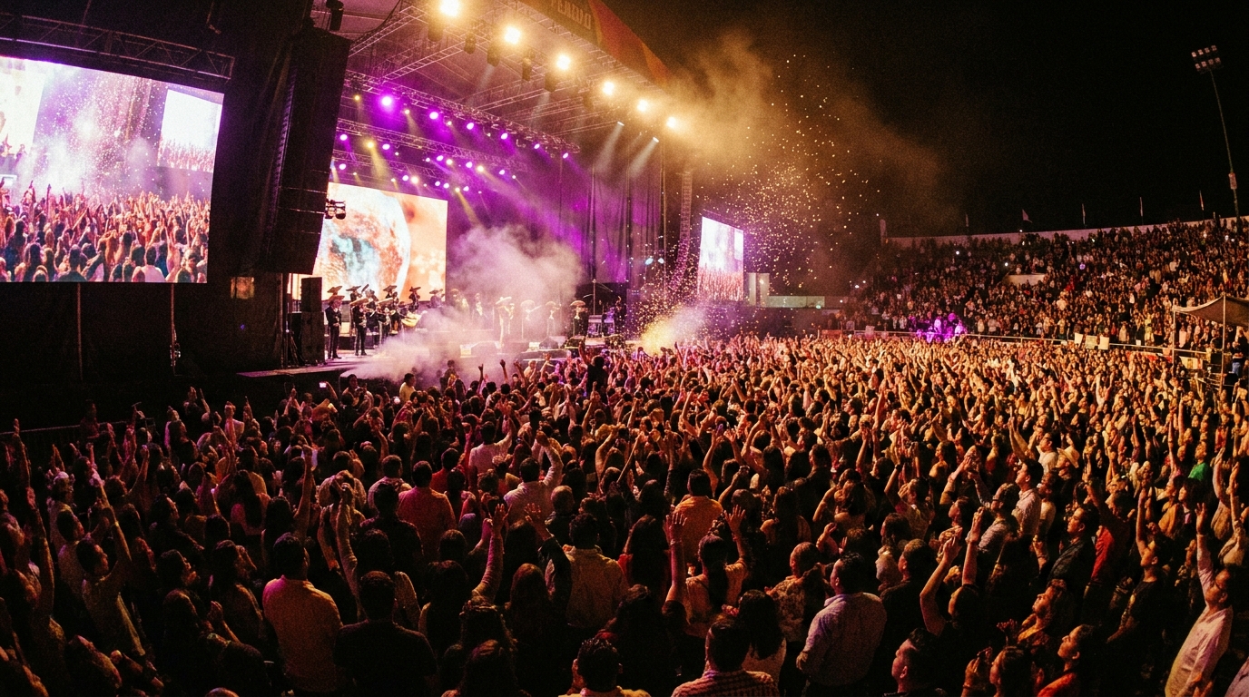 Multitud en el Teatro del Pueblo de la FENAPO durante un concierto nocturno