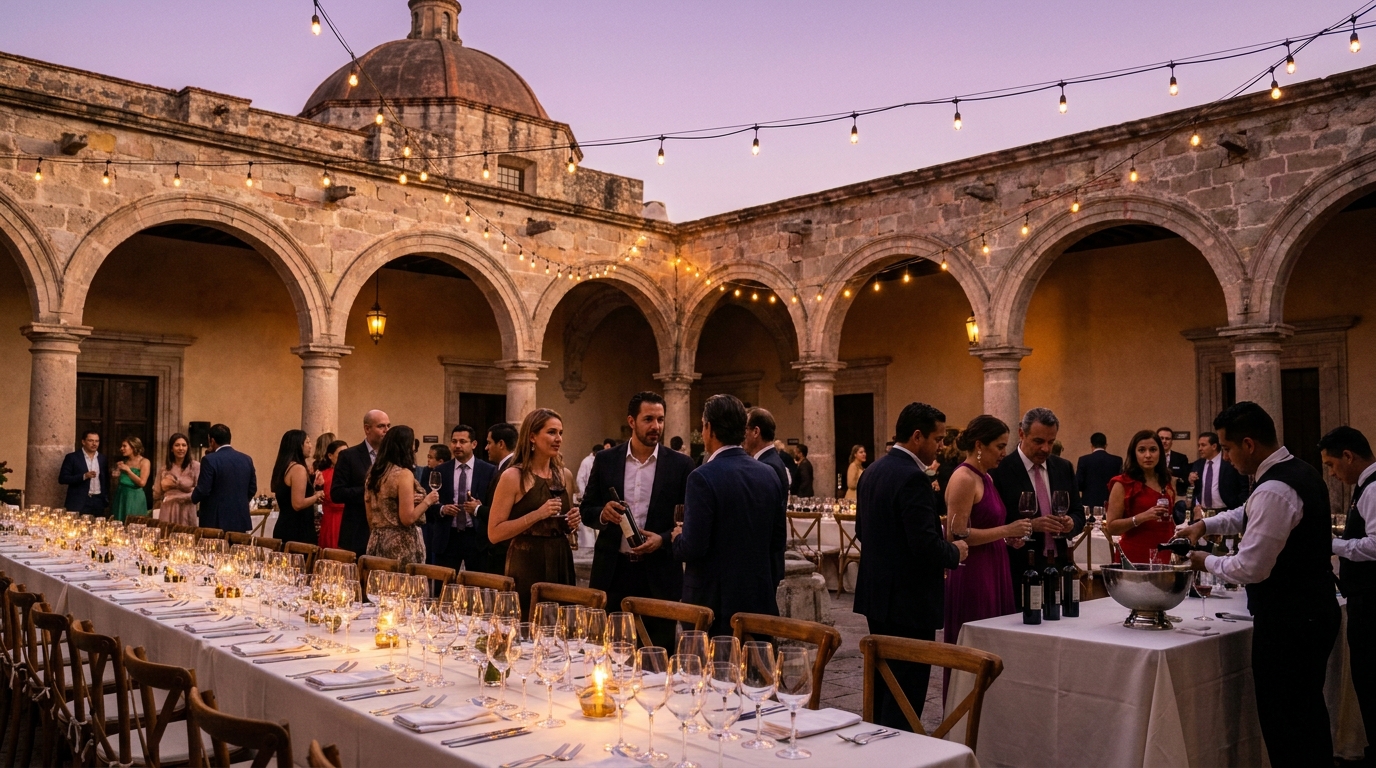 San Luis Potosí International Wine Festival: illuminated crystal glasses at an outdoor dinner at Centro de las Artes