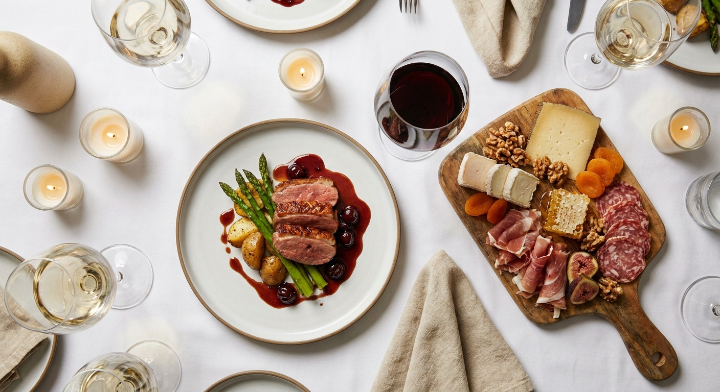 Table set with a gourmet plate, a glass of red wine, and a cheese board at a pairing dinner