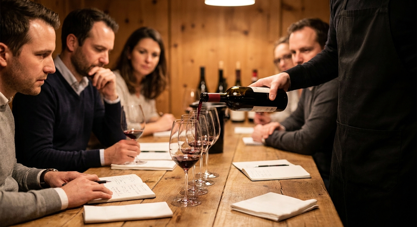 Sommelier pouring red wine into Riedel glasses during a guided tasting at the festival