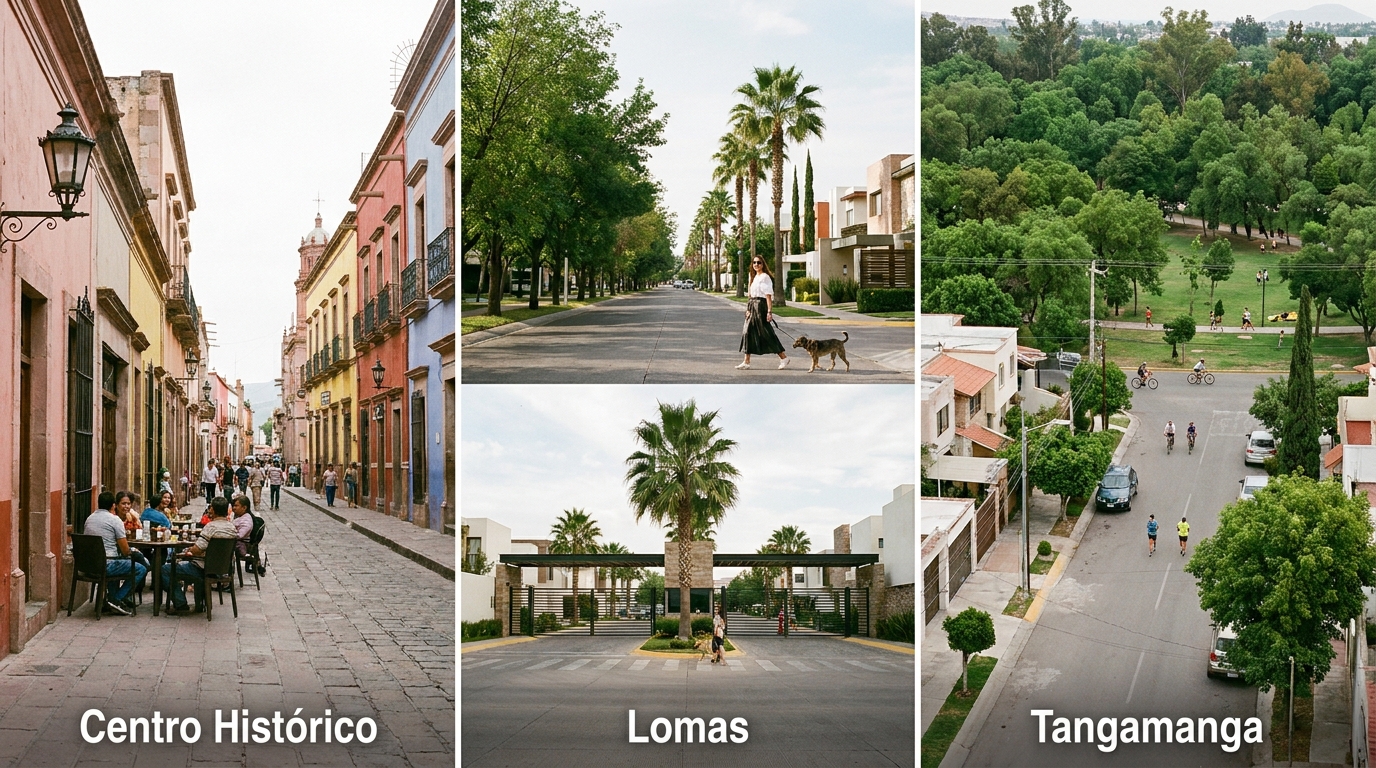 Three San Luis Potosí neighborhoods side by side: Centro Histórico cobblestone streets, Lomas upscale gated area, Tangamanga park-adjacent district