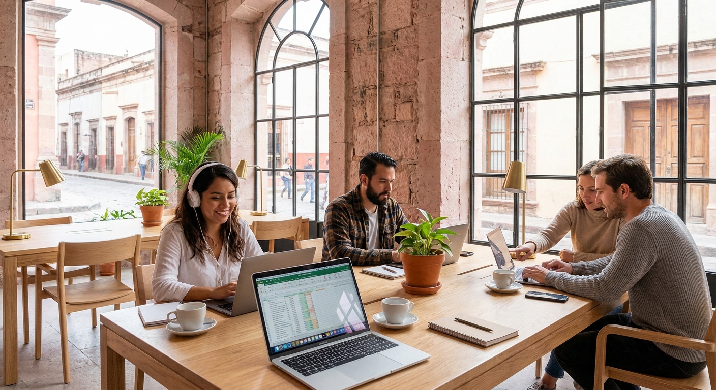 Modern coworking space in San Luis Potosí historic center with nomads working on laptops and exposed cantera stone walls