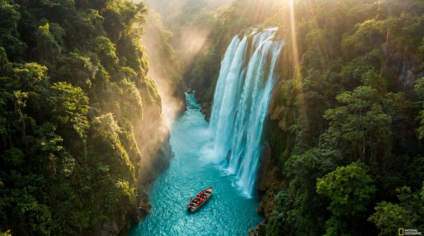 Aerial view of Cascada de Tamul waterfall in Huasteca Potosina with boat tour on turquoise river